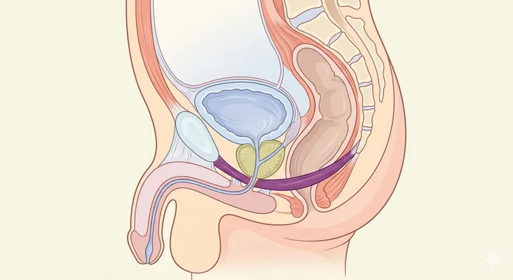 Seitenansicht eines Beckens mit Prostata, Blase und Mastdarm. Der Beckenboden ist als violetter Bogen zwischen Schambein und Steißbein hervorgehoben.