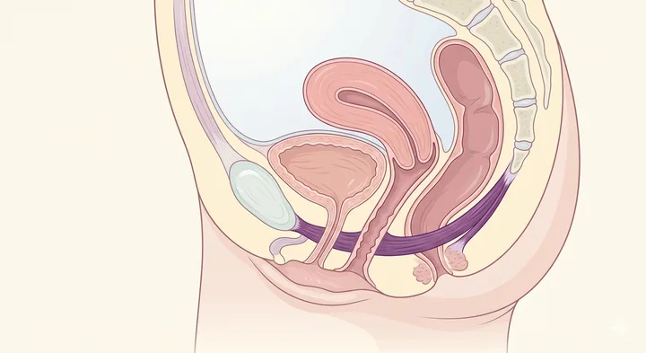 Seitenansicht eines Beckens mit Gebärmutter, Blase und Mastdarm. Der Beckenboden ist als violetter Bogen zwischen Schambein und Steißbein hervorgehoben.